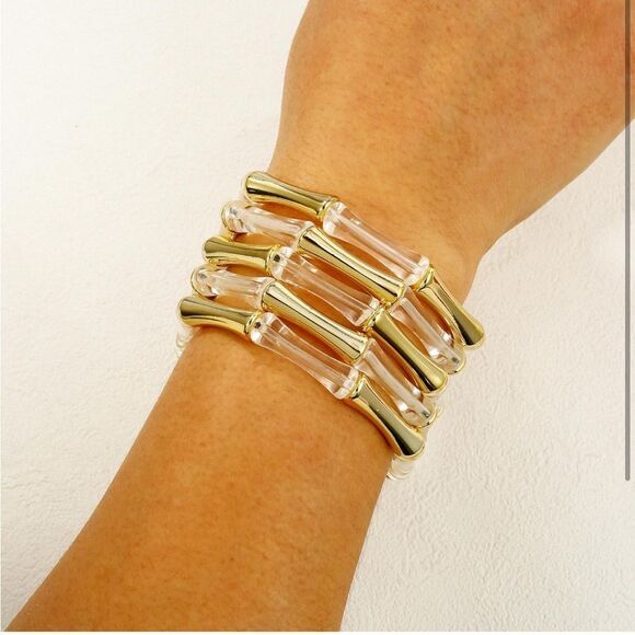 Gold and Clear Bamboo-Inspired Stackable Bracelets - Picture 1 of 5